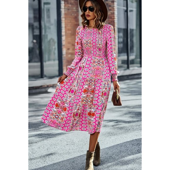 Patchwork Smocked Puff Sleeve Tiered Midi Dress - Picture 6 of 15